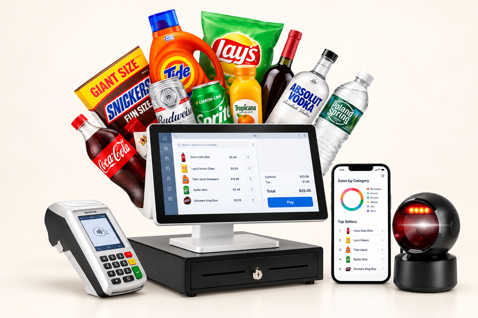 Bodega AI POS package with dual-screen terminal, cash drawer, scanner, payment terminal and mobile dashboard