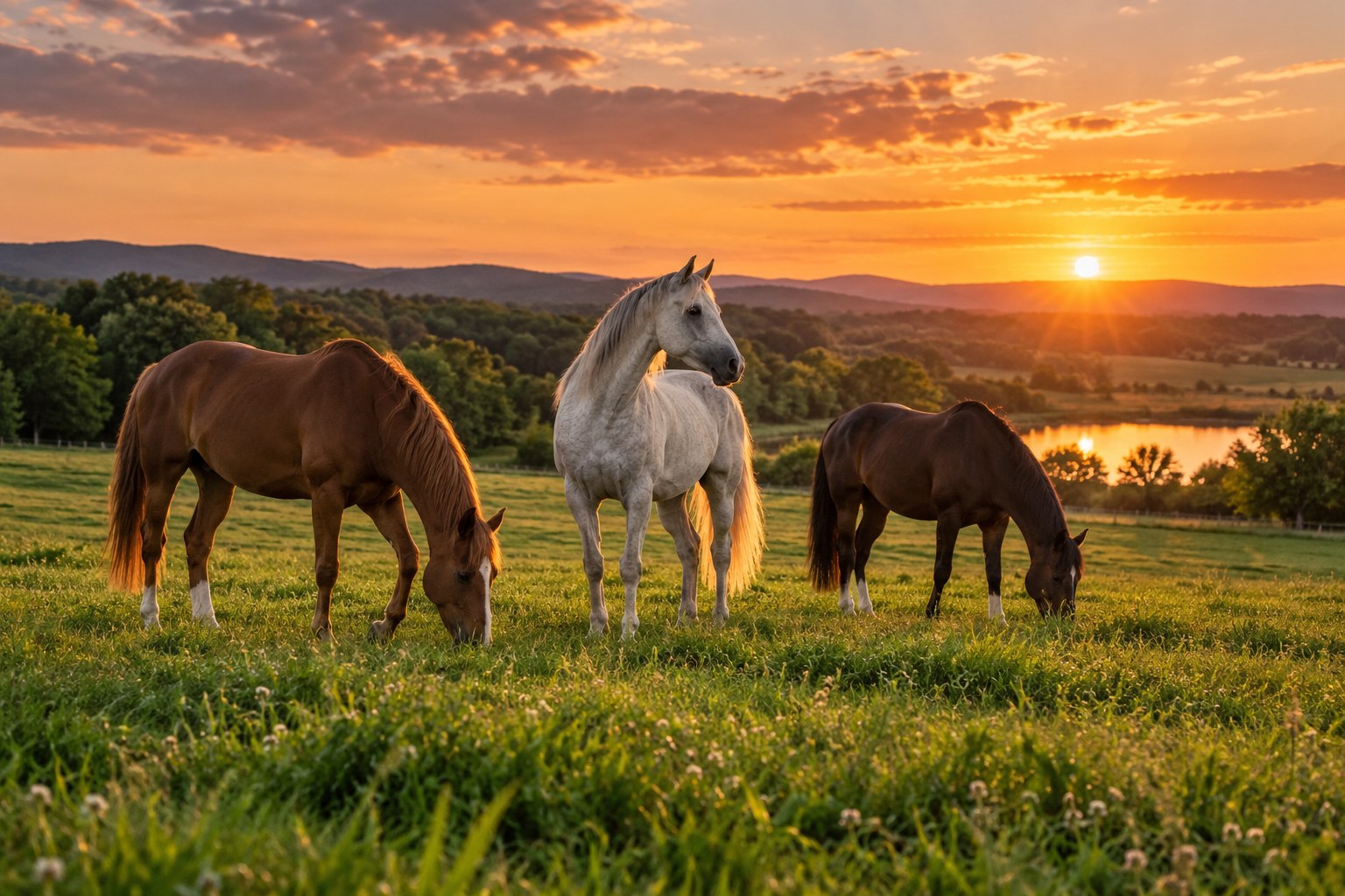 Horses grazing in a green field at sunset