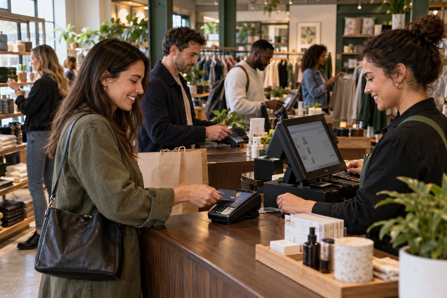 Busy modern retail store with customers paying at the counter