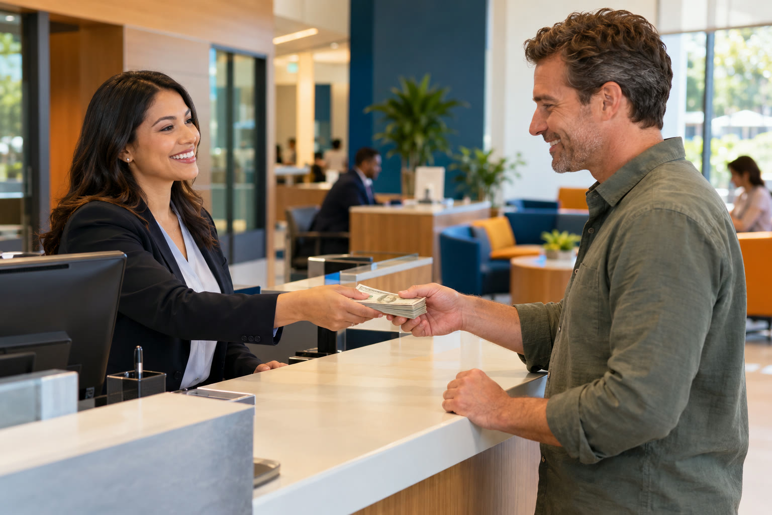 Business owner receiving money from a teller in a bright bank