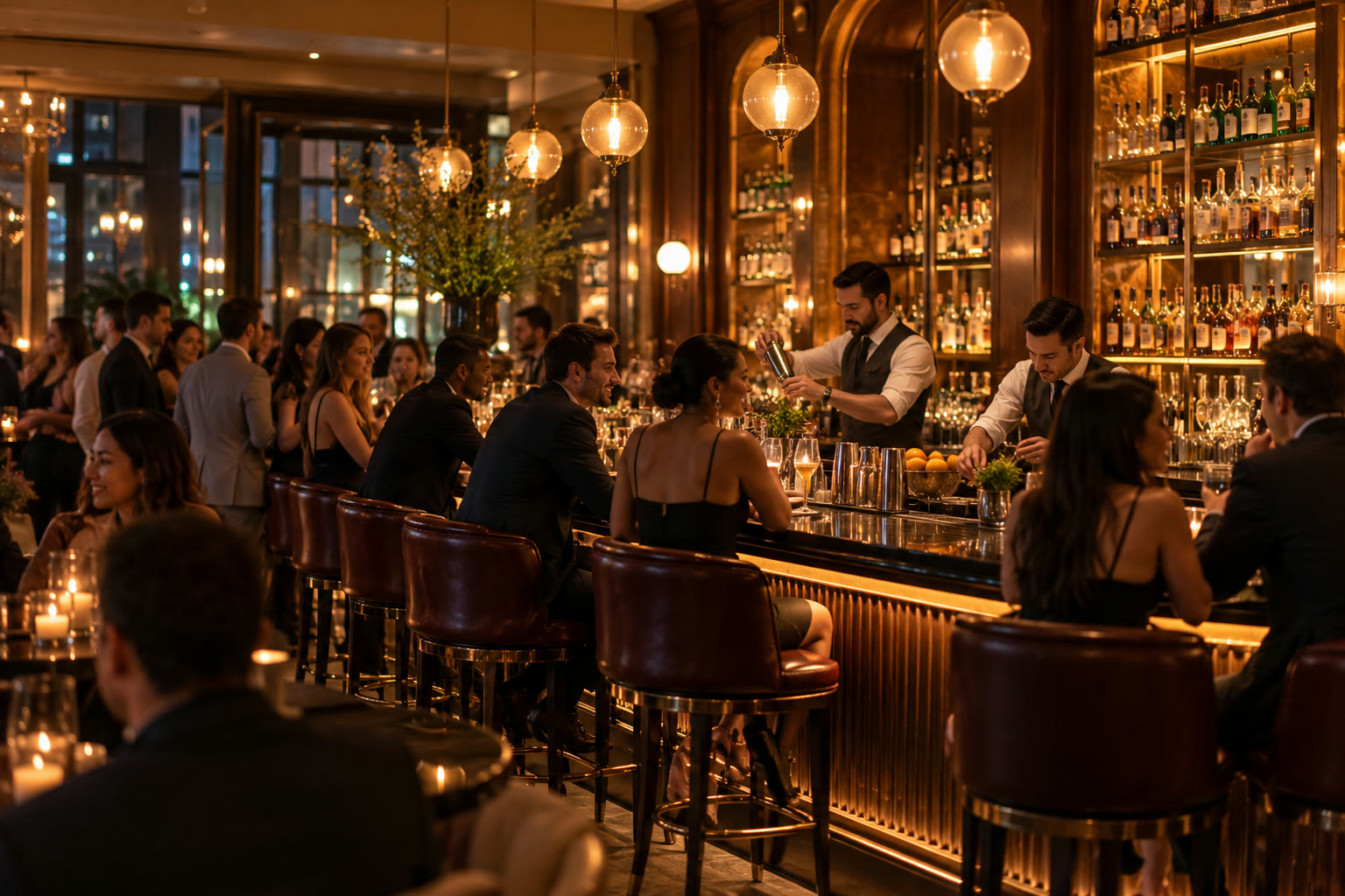 Illustrative busy Manhattan-style bar with bartenders and patrons