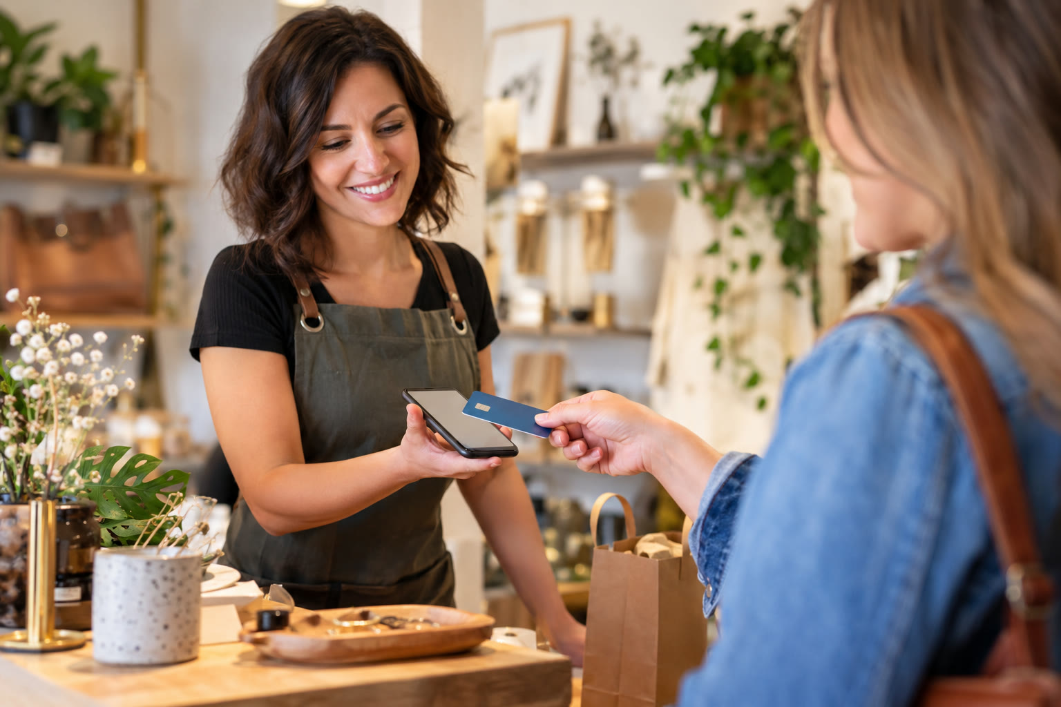 Woman accepting a card payment using a smartphone